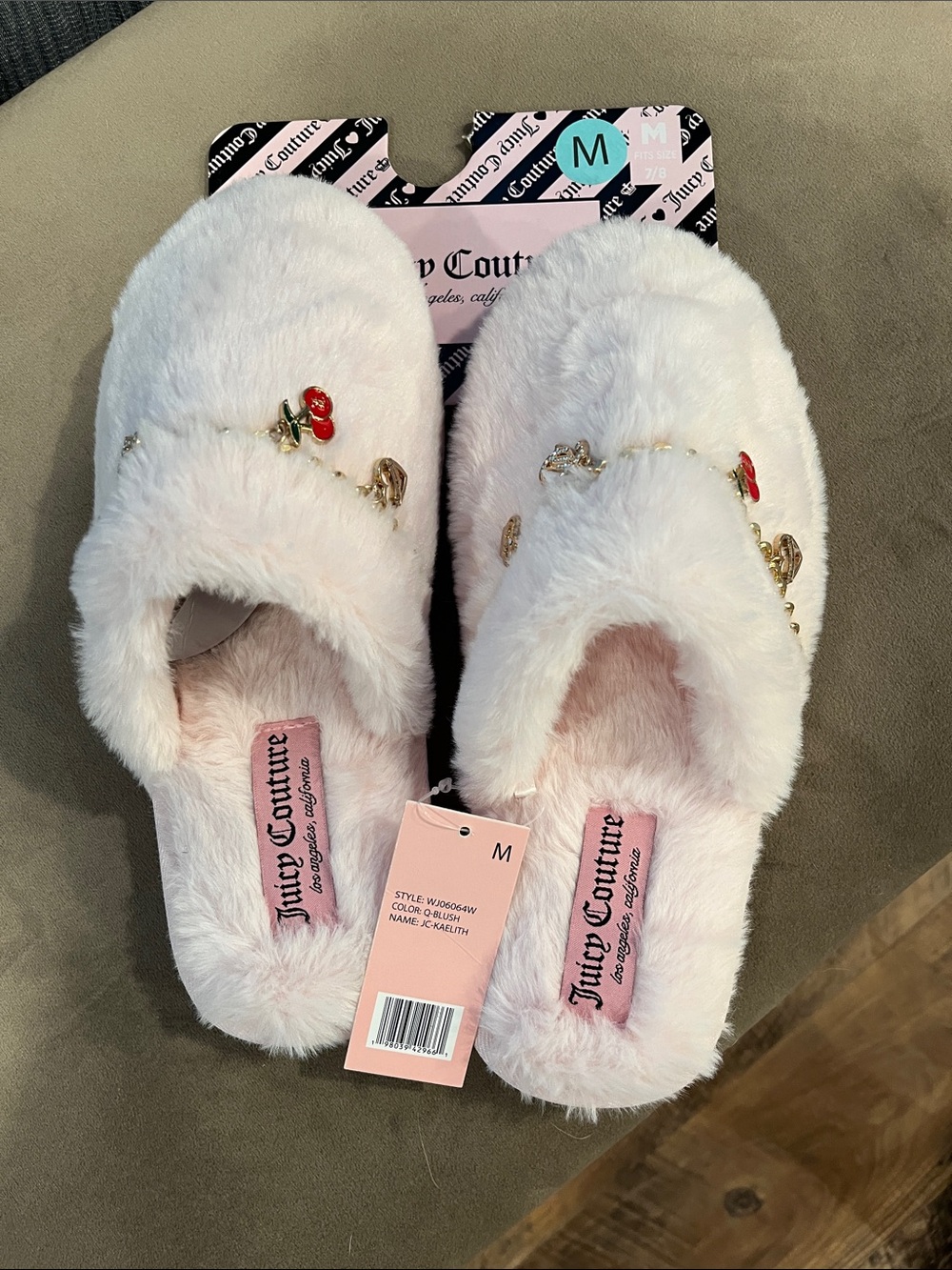 Juicy Couture Plush Slip-On Slippers with Gold Chain & Red Heart Charms